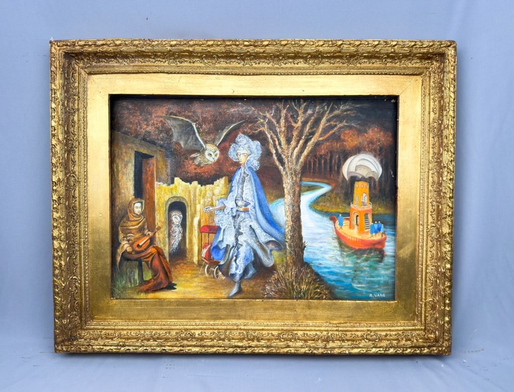 OOC Signed Remedios Varo Museo Nacional De Arte: Oil on canvas, framed. Attributed to Remedios Varo (1908–1963). Depicting a surreal narrative scene with a central robed figure walking beside a tree near a river, a seated musician playing a string