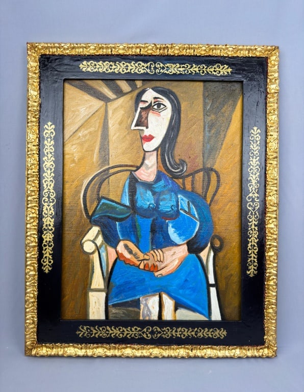 OOC Signed Picasso 14.5.62 Marlborough Fine Art: Oil on canvas, framed. Attributed to Pablo Picasso (1881–1973). Depicting a seated figure constructed through angular, geometric forms with a distorted face, exaggerated proportions, and bold outlin
