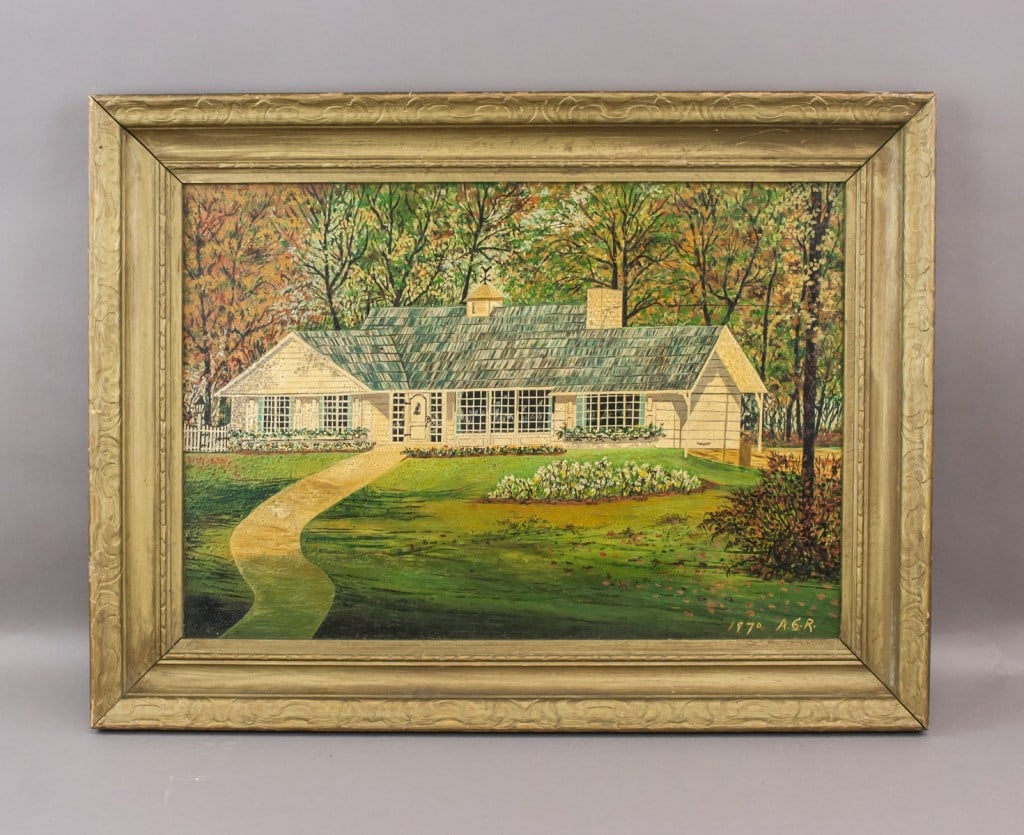 Canadian Oil on Board Signed A.G.R '1970: Oil on board, framed. Depicting a single-storey house set within a landscaped garden bordered by mature autumnal trees; the composition includes a curved pathway leading to the entrance and detailed f