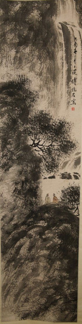 Chinese Painting of Waterfall Signed Fu Baoshi: Chinese waterfall, hanging scroll, Chinese ink and watercolour painting on paper, signed Fu Baoshi with red seal. 177 cm x 45 cm.