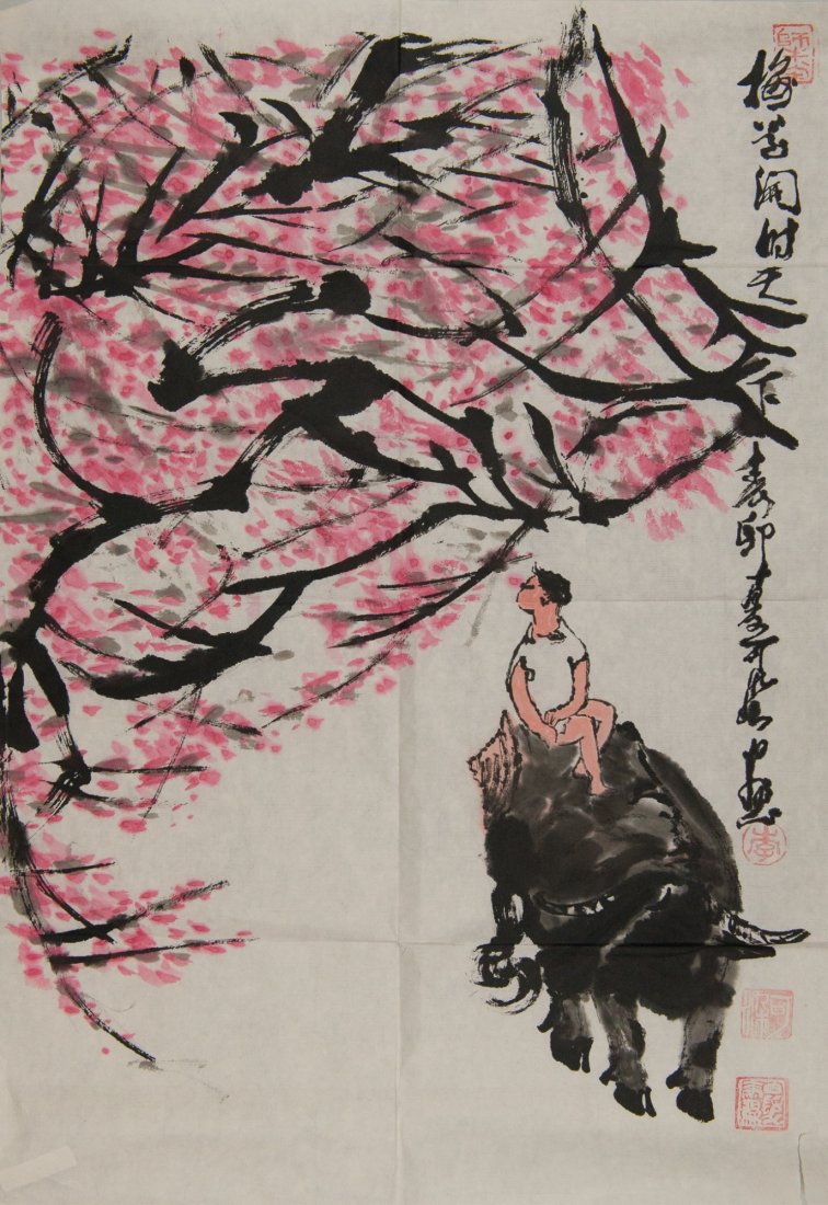 Chinese Painting in Style of Li Keran Sealed: Cow on horse, Chinese ink and watercolour painting on paper, signed by artist with four red seals. 69 cm x 47 cm.