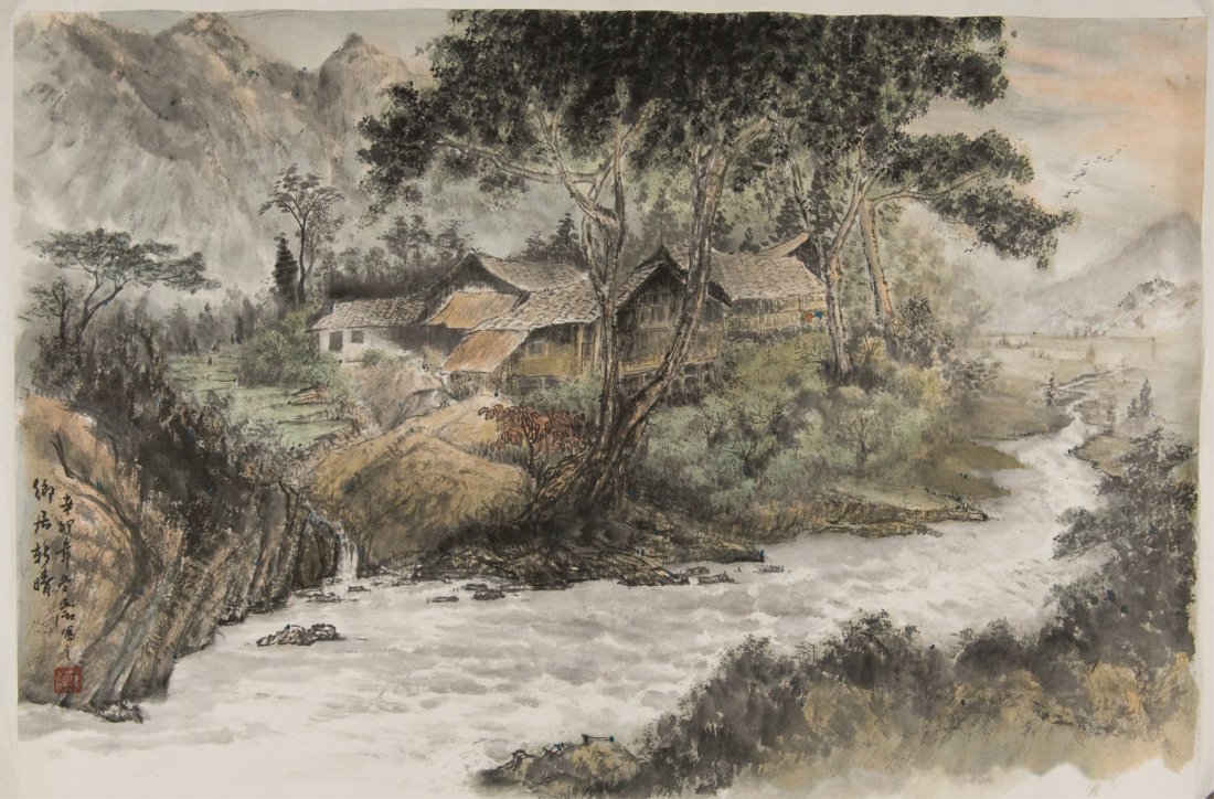 Watercolour Painting of Village Signed & Sealed