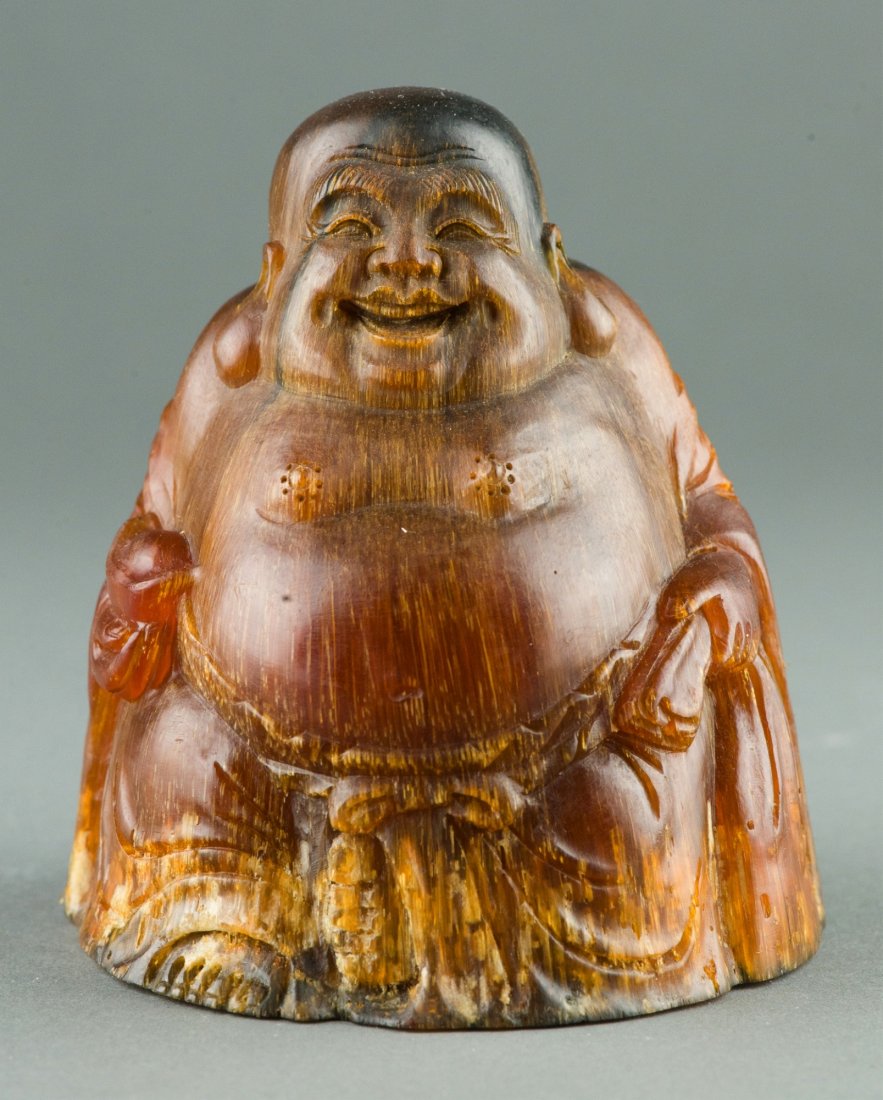 Fine Chinese Horn Carved Buddha Figure: Fine Chinese horn caved Buddha figure, featuring laughing Buddha with big belly, displaying rich brown tone and hair-like structures. H: 12 cm, D: 10.6 cm, 613 grams.