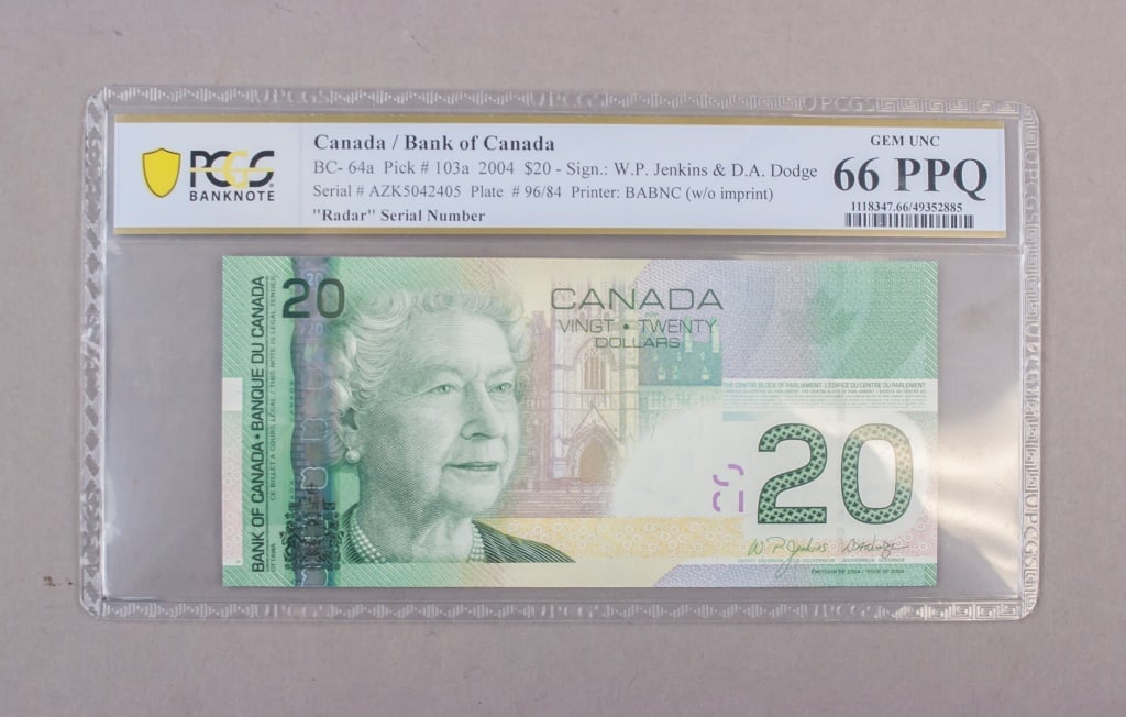 2004 Canada $20 Banknote Radar GEM UNC 66 PPQ PCGS: A 2004 Canada $20 banknote with a radar serial number, certified PCGS GEM UNC 66 PPQ, showing the standard portrait of Queen Elizabeth II. H: 12 cm, W: 20 cm, 25g