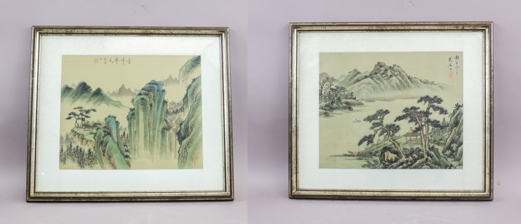 Chinese WC & Ink on Silk Signed w/ Red Seal 2pc (1 of 10)