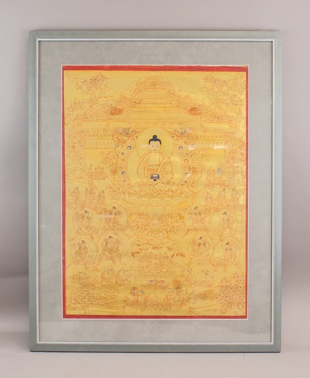 Vintage Mixed Media on Silk Gold Thangka: Mixed media on silk, framed. Featuring a central seated Buddha on a lotus platform surrounded by symmetrically arranged figures rendered in fine linework against a gold-toned background. Executed in t