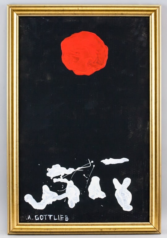 American Oil on Canvas Signed Adolph Gottlieb: Oil on canvas, framed. Depicting a black ground with a single red circular form above a group of irregular white shapes. Signed A. GOTTLIEB on the lower left corner. Attributed to Adolph Gottlieb (190