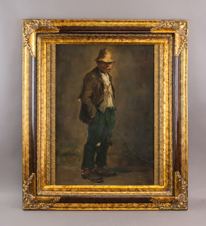 Rare Vintage Oil on Canvas Smoker Signed Unknown: Oil on canvas, framed. Depicting a standing male figure in worn jacket, trousers, and hat set against a dark background, rendered in a muted palette with emphasis on the solitary full-length pose. Sig