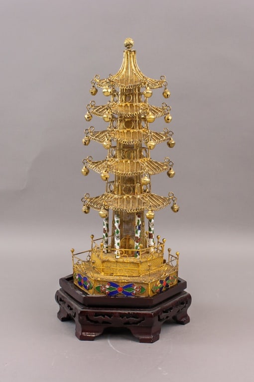 Chinese Gold-plated Pagoda w/ Wood Stand (1 of 10)