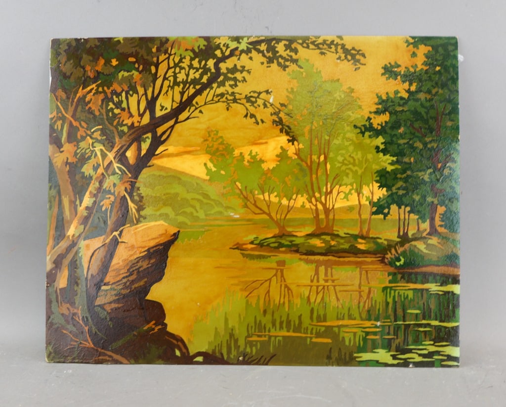 Oil & WC on Board 2-sided Signed Francis King: Oil and watercolor on board, two-sided. One side depicting a verdant summer landscape with tree-covered island, calm water, foreground rock and foliage; the reverse showing a winter scene with snow-la