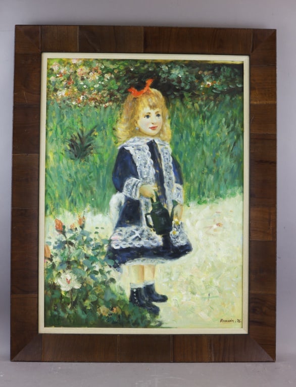 OOC Signed Pierre-Auguste Renoir '1876: Oil on canvas, framed. Depicting a young child in a garden setting with soft impressionist brushwork, surrounded by lush greenery and blossoms, rendered in vibrant outdoor light. Signed Renoir '76 at 