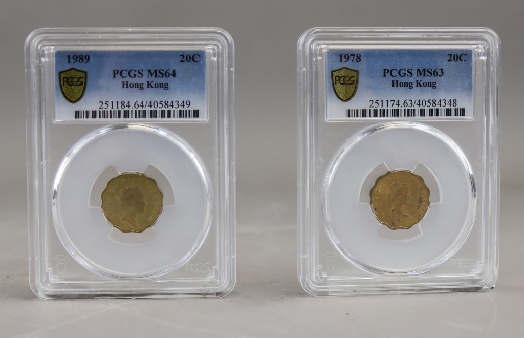 1978 & 1989 PCGS Hong Kong Coins 2pc: Pair of Hong Kong 20-cent coins dated 1978 and 1989, graded PCGS MS63 and MS64 respectively, each housed in its original encapsulated holder with full label details. H: 9 cm, W: 6 cm, 72g