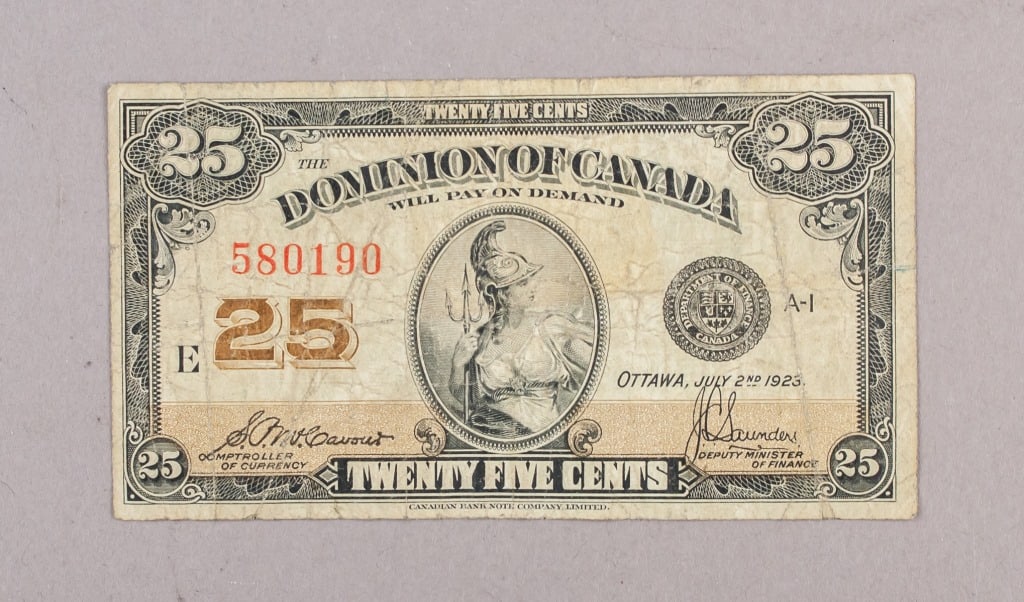1923 Dominion of Canada 25 Cents Banknote: 1923 Dominion of Canada 25 cents banknote. Featuring black and brown design with central portrait and red serial number. Text includes ?THE DOMINION OF CANADA WILL PAY ON DEMAND. Reverse printed in gr