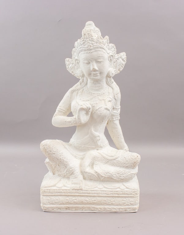 Tibetan White Marble Craft Buddha Sculpture: Tibetan white marble Buddha sculpture depicting a seated figure in a meditative pose on a carved pedestal, the form showing detailed drapery, ornate headdress, and finely modelled features. 38: A cm, 