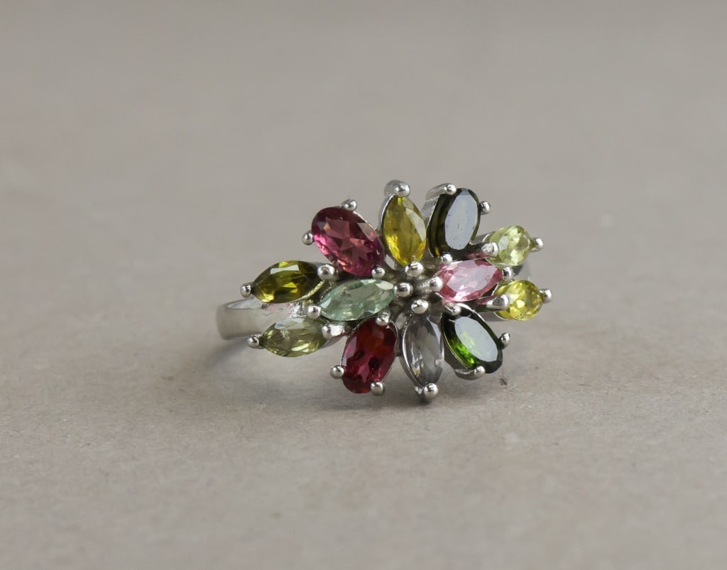 Marquise Multicolored Gemstones 925 Silver Ring (1 of 8)