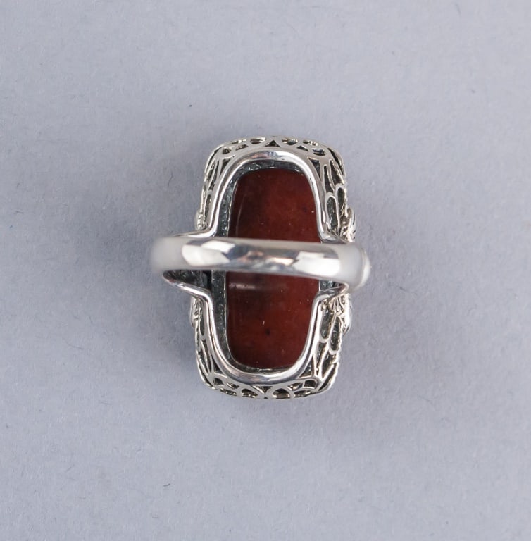 Rectangular Brown Gemstone Sterling Silver Ring - 5