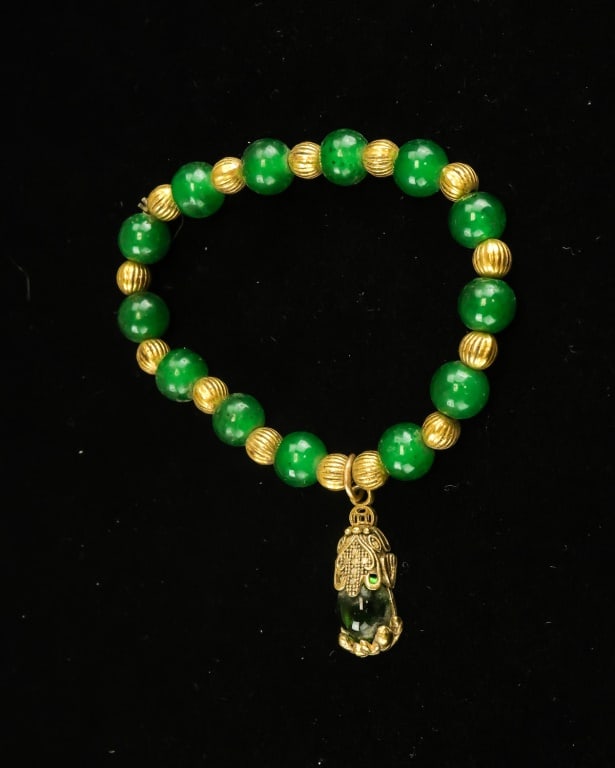 Chinese Gold-plated & Green Hardstone Beads Bangle (1 of 6)