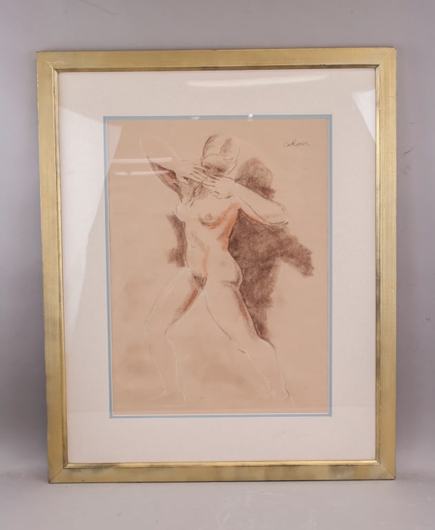 Charcoal on Paper Signed Paul Cadmus T. Eaton: Charcoal on paper, framed. Figure study depicting a nude woman form in a dynamic pose, rendered with soft tonal shading and a defined contour line, signed Cadmus at the upper right. Label on verso of 