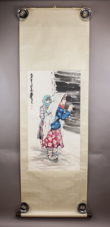 Chinese WC on Paper Signed Huang Zhou w/ Seals: Watercolor on paper, hanging scroll. Featuring two figures in traditional attire engaged in writing before a dark surface, rendered with expressive brushwork and patterned garments. Signed Huang Zhou 