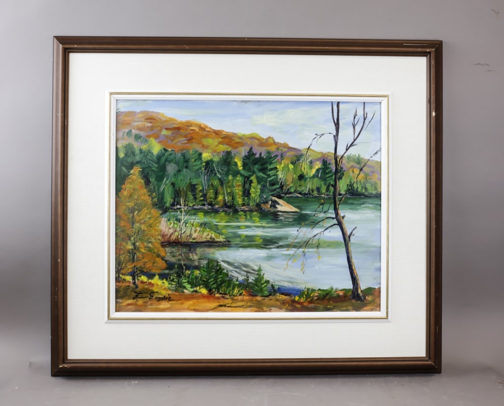 Canadian OOB Signed Thomas Hilton Garside: Oil on board, framed. Lakeside landscape with reflective water in the foreground, dense early-autumn trees along the opposite bank, and warm rolling hills rising beneath a partly clouded sky. A bare