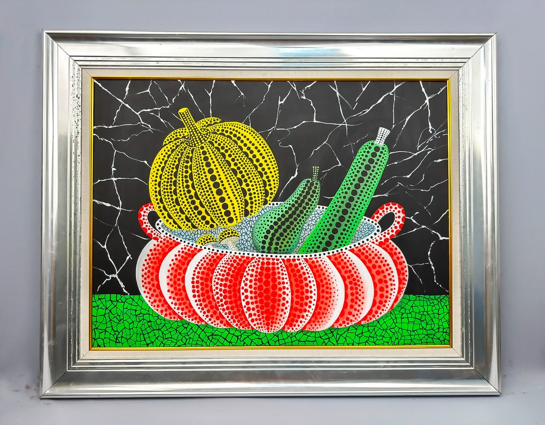 Signed Yayoi Kusama, acrylic on canvas Fruits COA: This vivid acrylic on canvas painting exhibits the signature Avant-Garde aesthetic attributed to Japanese artist Yayoi Kusama. The composition features a still life arrangement centered on polka-dotte
