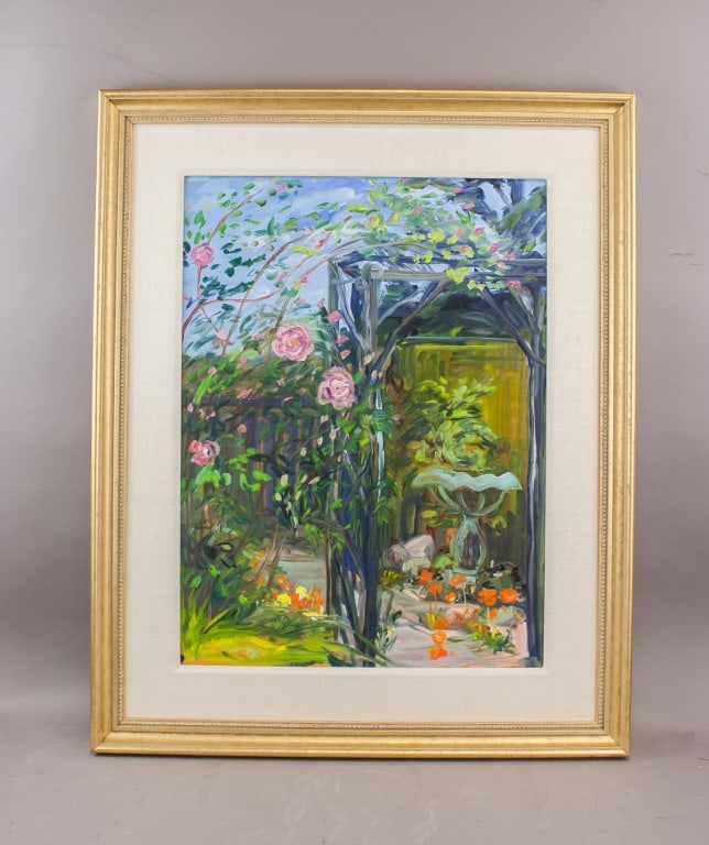 OOB Attr. Judith Zinkan w/ Canadian Art Galleries: Oil on board, framed. Garden scene featuring a trellised arch draped in foliage and pink blooms, with a green birdbath surrounded by lush plants and vivid orange flowers, rendered in lively, expressiv