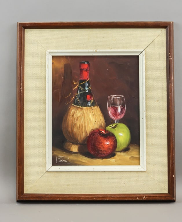 Canadian Oil on Board Signed I. Pierre: Oil on board, framed. Classic still life featuring a straw-wrapped wine bottle, a glass of red wine, and two apples arranged on a wooden surface, set against a deep brown background that heightens the