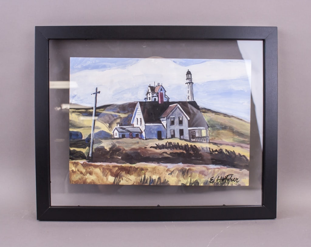 Oil on Paper Signed Edward Hopper w/ Cert '1993: Oil on paper, framed. Coastal hill scene with house and lighthouse rendered in muted tones and broad, atmospheric brushwork. Signed Edward Hopper at lower right, accompanied by a van Hassel Galeri cer