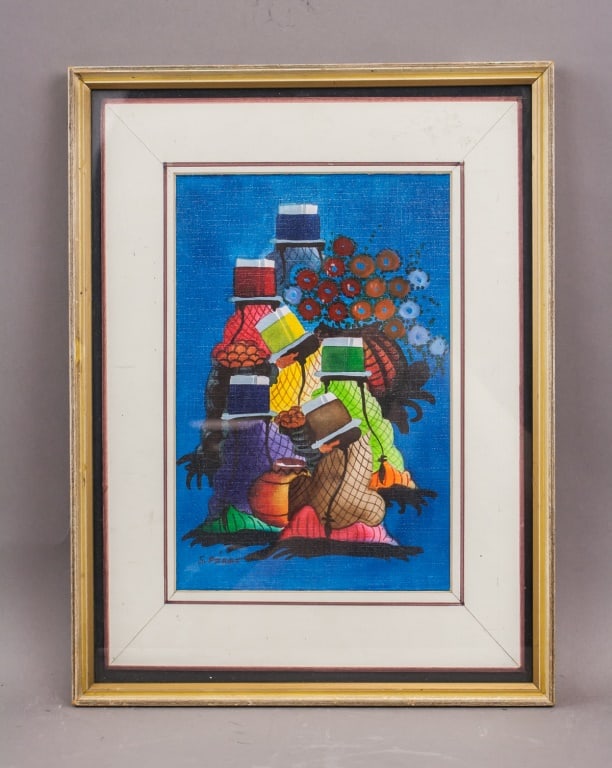 MM Canvas Signed Serge Ferat Westbridge Fine Art: Mixed media on canvas, framed. Featuring a group of stylized figures in brightly colored garments set against a solid blue background, with clustered circular motifs near the upper right. Signed Serge