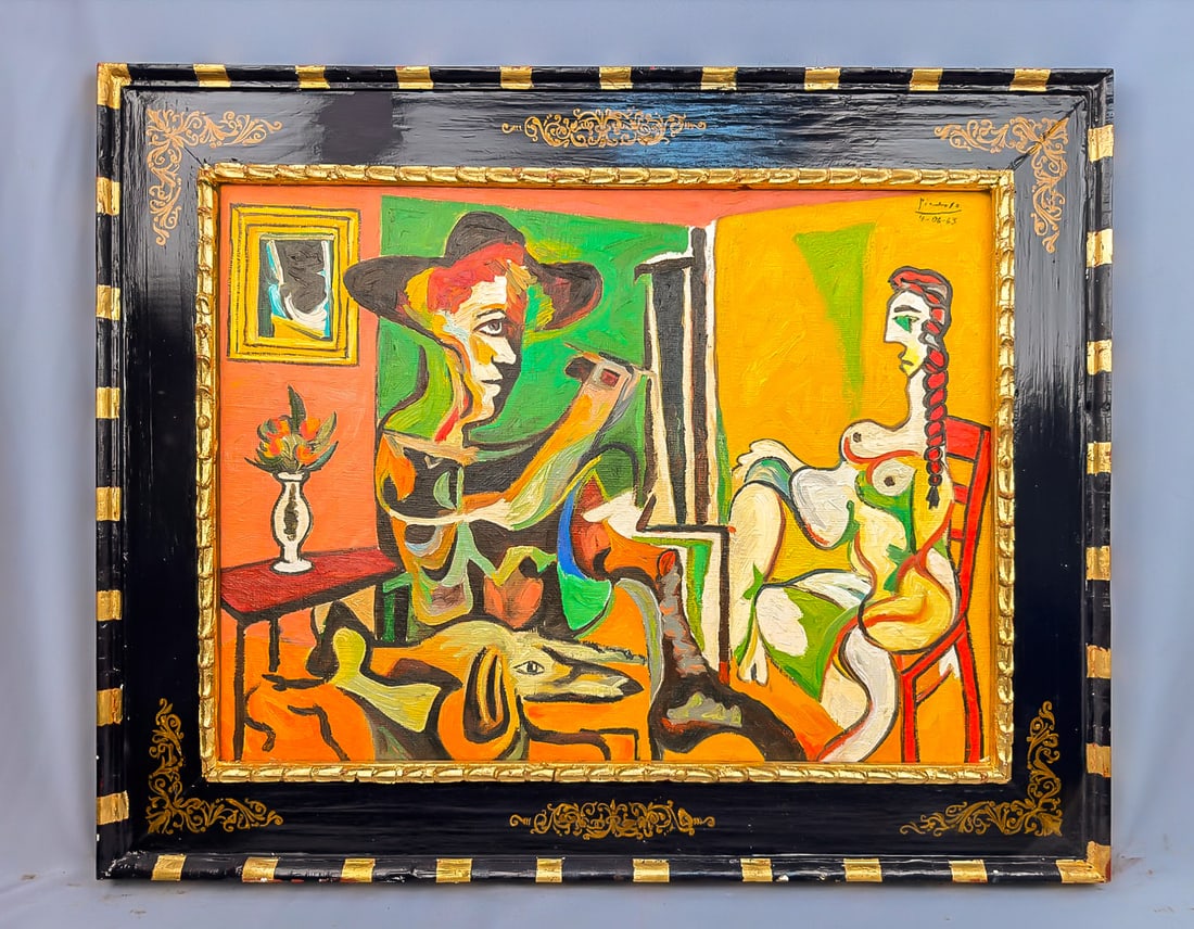 OOC Signed Picasso 4-08-65 PAUL KANTOR GALLERY: This dynamic oil on canvas composition reflects the bold Cubist expressionism and late-period studio interior themes attributed to Pablo Picasso. Rendered in a vivid palette of bright orange, yellow, 