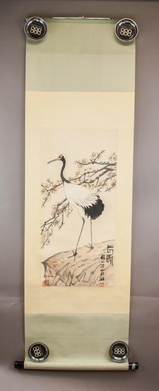 Chinese Watercolor on Paper Sgd Qi Baishi w/ Seals: Watercolor on paper, hanging scroll. This artwork depicts a red-crowned crane standing beneath a blossoming plum tree, executed in expressive brushwork and delicate ink washes. Signed Qi Baishi at low