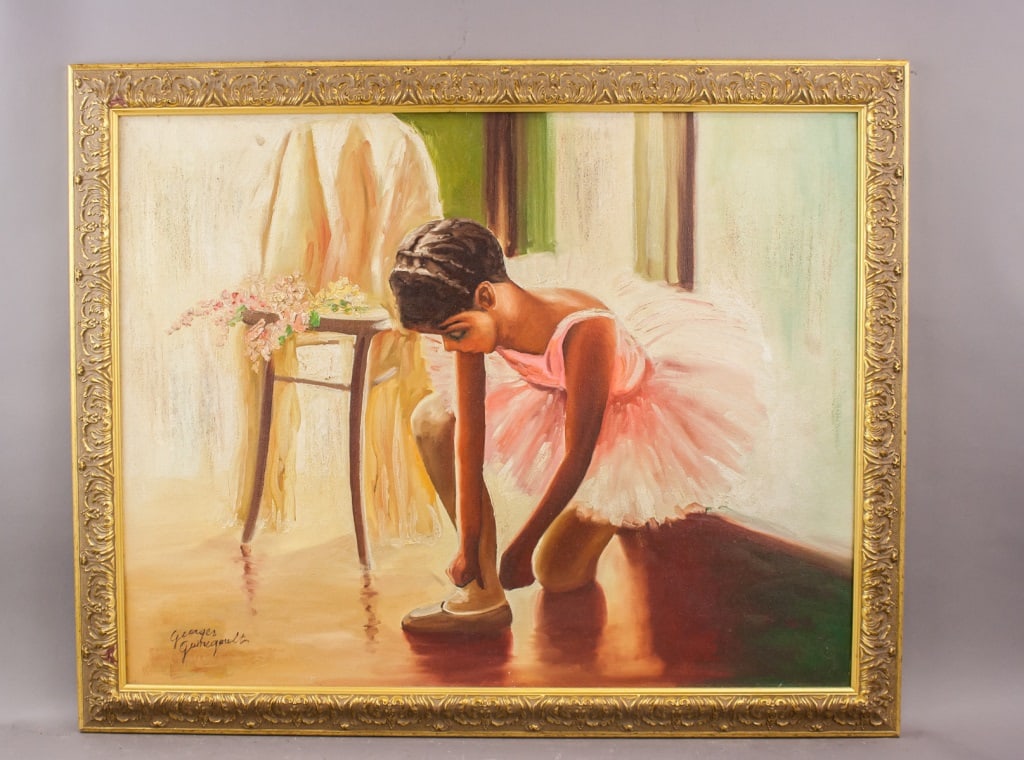 OOC Signed Georges Guinegault Westbridge Fine Art: Oil on canvas, framed. Featuring a young ballet dancer in a pink tutu bending to adjust her shoe beside a small draped table with flowers, rendered in soft interior lighting. Signed Georges Guinegault