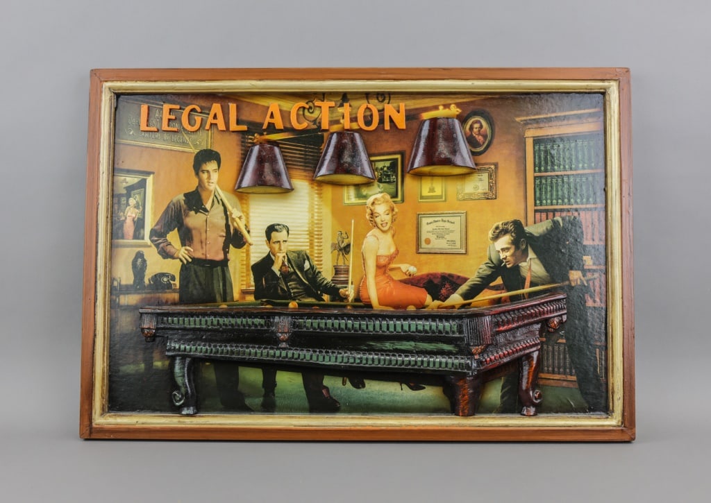 American Embossment on Wood Attr. Chris Consani: Embossment on wood, framed. Three-dimensional pop-culture tableau featuring iconic mid-20th-century figures gathered in a stylized interior with a projecting pool-table element and layered relief deta