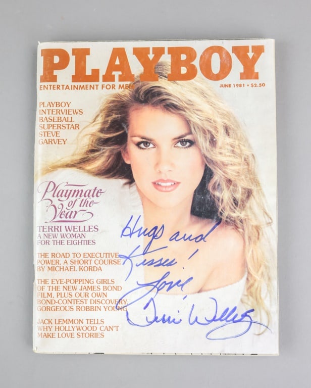 1981 Playboy Magazine Signed Terri Welles w/ COA: A June 1981 Playboy magazine featuring Terri Welles as Playmate of the Year, the cover showing her portrait with period article titling, signed across the front in blue ink with a personalized inscrip