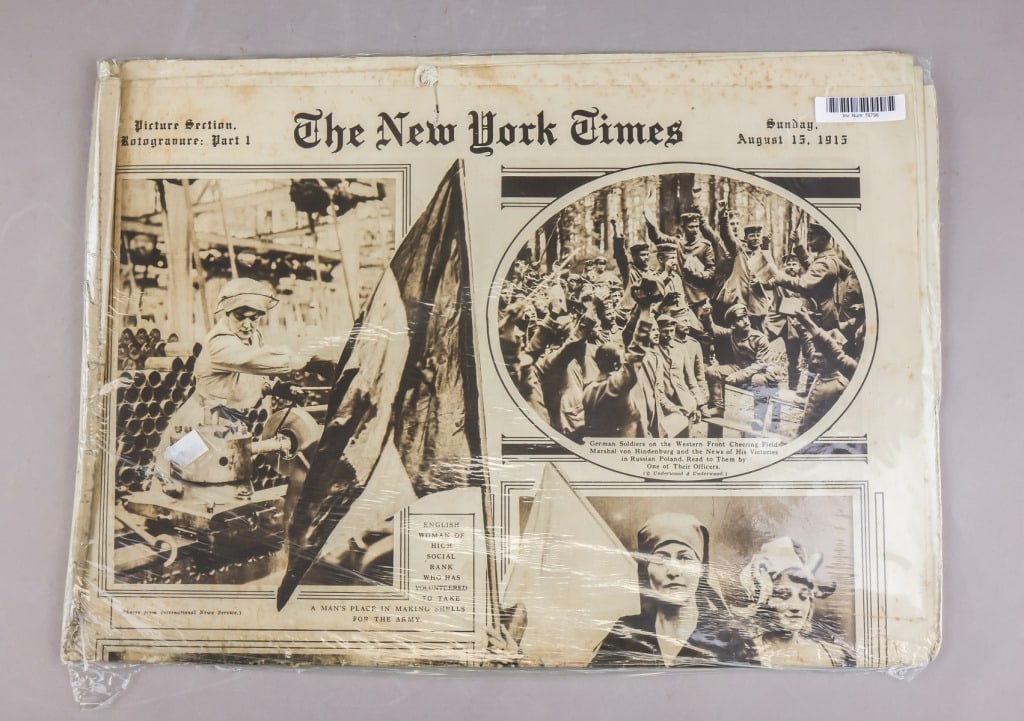 1915 August 15th New York Times Newspaper: A New York Times Rotogravure Picture Section dated August 15, 1915, issued during the First World War and printed in the paper?s distinctive sepia-toned photogravure format. The front page presents pe