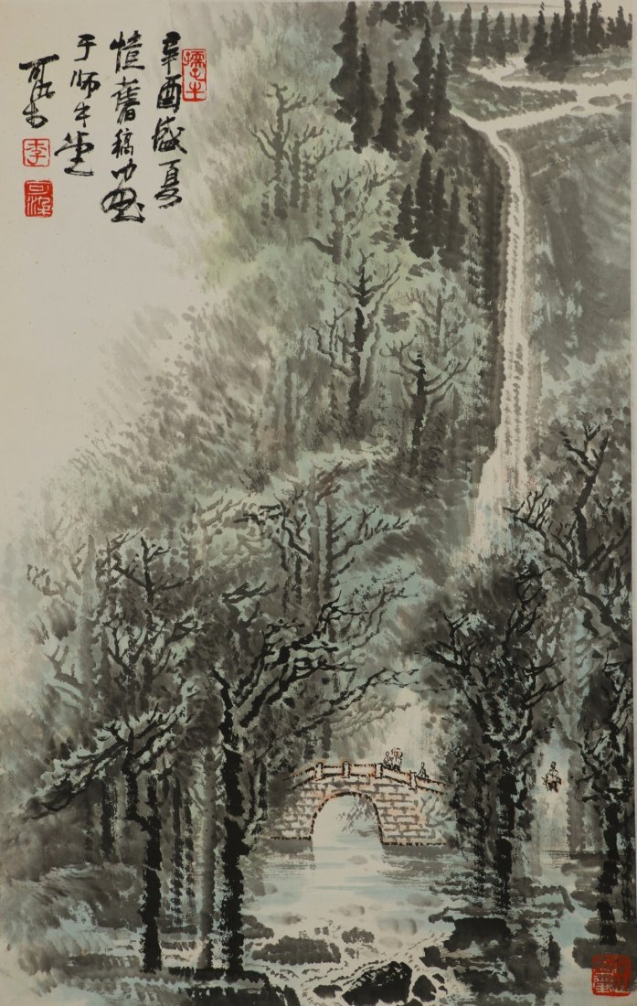 Waterfall Painting Signed Li Ke Ran w Certificate: Waterfall, hanging scroll, Chinese ink and watercolour on paper, signed Li Ke Ran with red seals. Accompanied with authentication certificate from an accredited art gallery. 69 cm x 44 cm.
