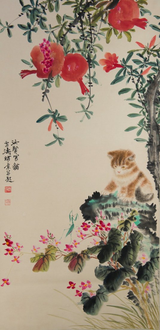 Blossoms and Cat Painting Signed Wang Xue Tao: Blossoms and cat, hanging scroll, Chinese ink on paper, signed Wang Xue Tao with red seals. 98 cm x 48.5 cm.