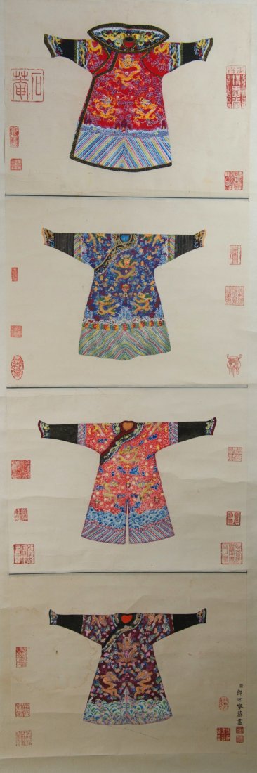 Imperial Robes Painting Signed Lang Shi Ling: Imperial robes, hanging scroll, Chinese ink and watercolour on paper, signed Lang Shi Ling with multiple red seals. 129 cm x 41 cm.