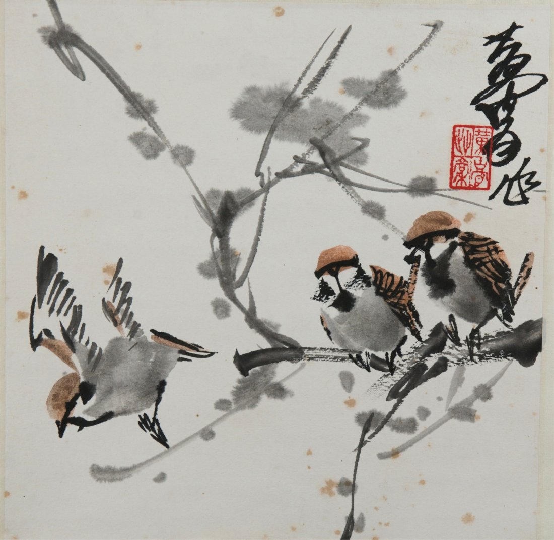 Songbirds on Branch Painting Signed Huang Zhou: Songbirds on branch, hanging scroll, Chinese ink and watercolour on paper, signed Huang Zhou with red seal. 28.5 cm x 28.5 cm.