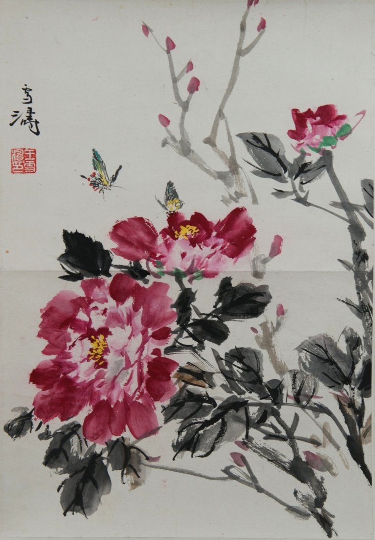 Flowers & Butterfly Painting Signed Wang Xue Tao: Flowers and butterfly, hanging scroll, Chinese ink and watercolour on paper, signed Wang Xue Tao with red seal. 38 cm x 26 cm.