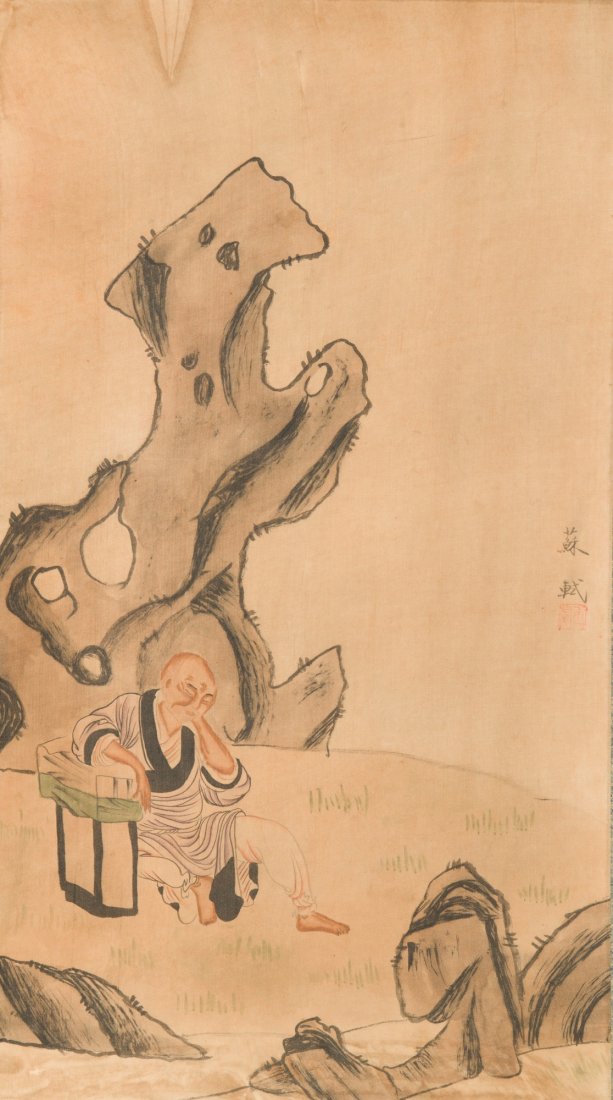 Chinese Monk Painting on Silk Signed Su Shi: Resting monk, hanging scroll, Chinese ink and watercolour on silk, signed Su Shi with one red seal. 79 cm x 44 cm.