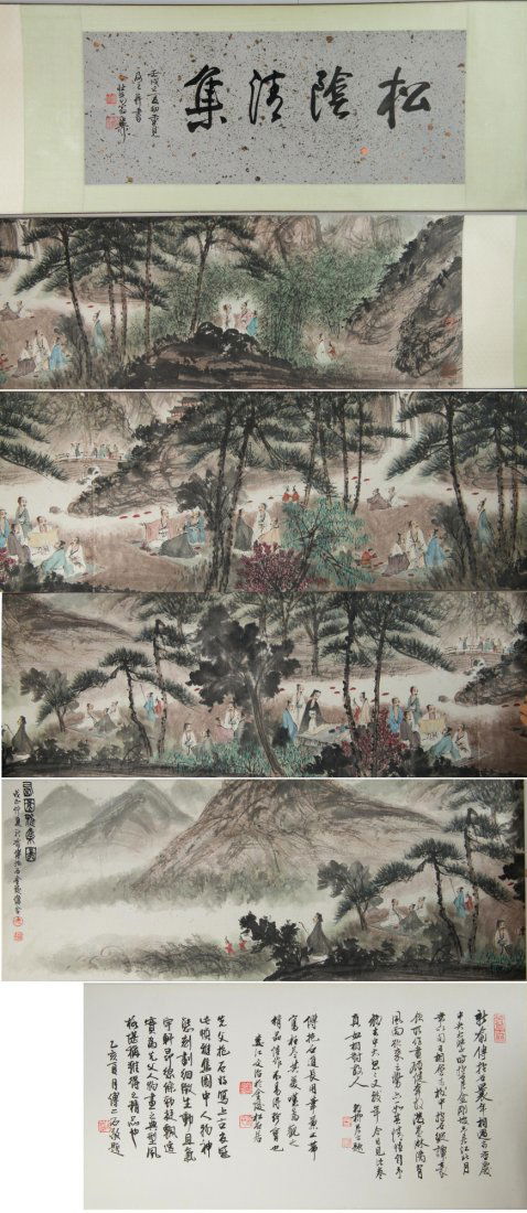 Chinese Scholars Gathering Long Painting Fu Baoshi: Scholars gathering, long horizontal scroll, Chinese ink and watercolour on paper, signed Fu Baoshi and sealed. 64 cm x 25 cm.