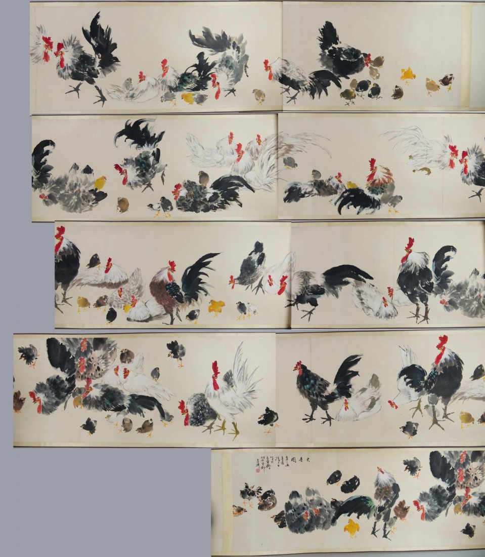 Chinese 100 Chickens Long Painting Wang Xue Tao: Hundred chickens, long horizontal scroll, Chinese ink and watercolour on paper, signed Wang Xue Tao with red seal. 909 cm x 51 cm.