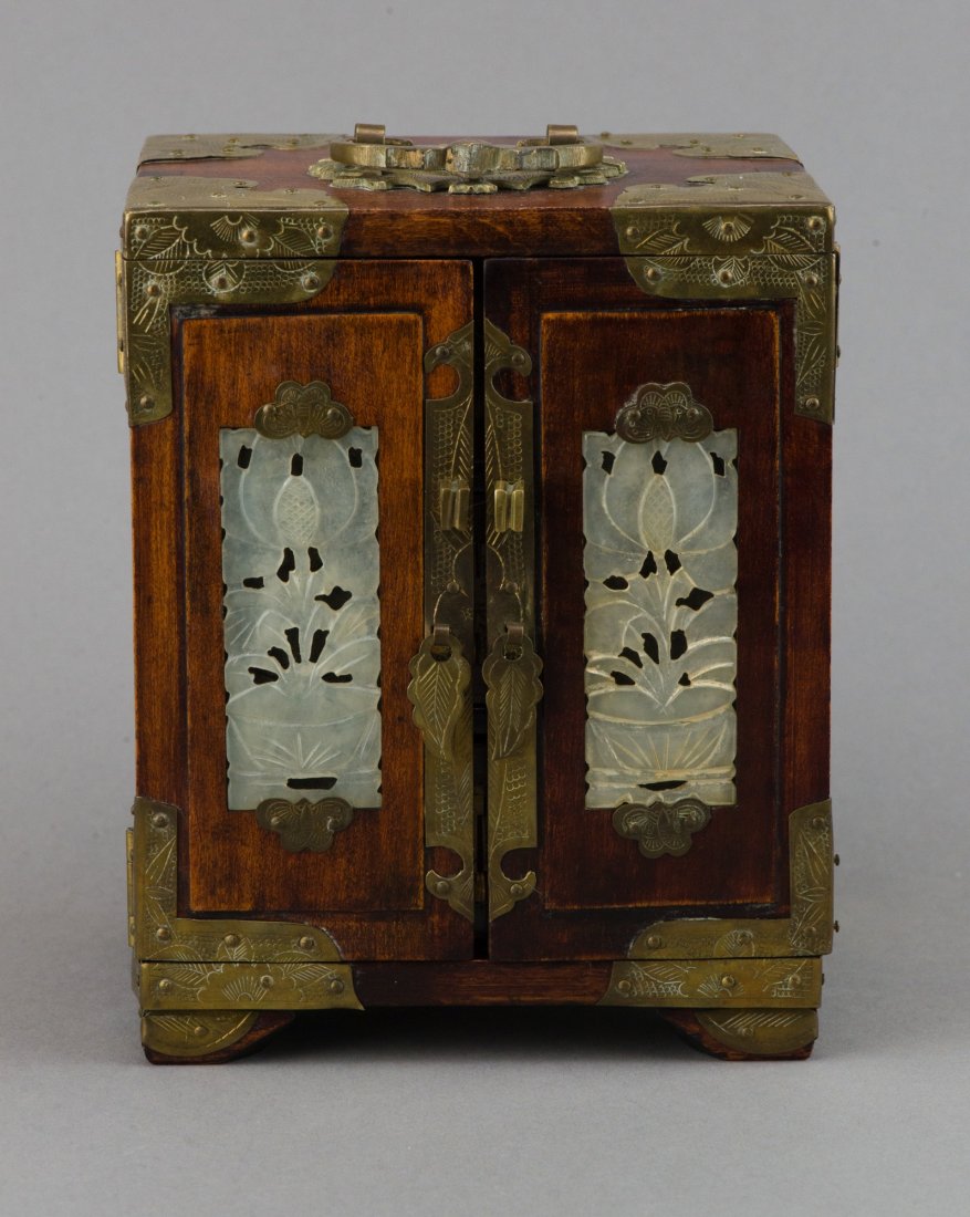 Antique Rosewood Cosmetic Box w Jade Plaque Inlaid: Antique Chinese rosewood cosmetic box, with jade plaques and bronze edges and hinges, silk lining in drawers. H: 18 cm, L: 14 cm, W: 11 cm, 1148 grams.