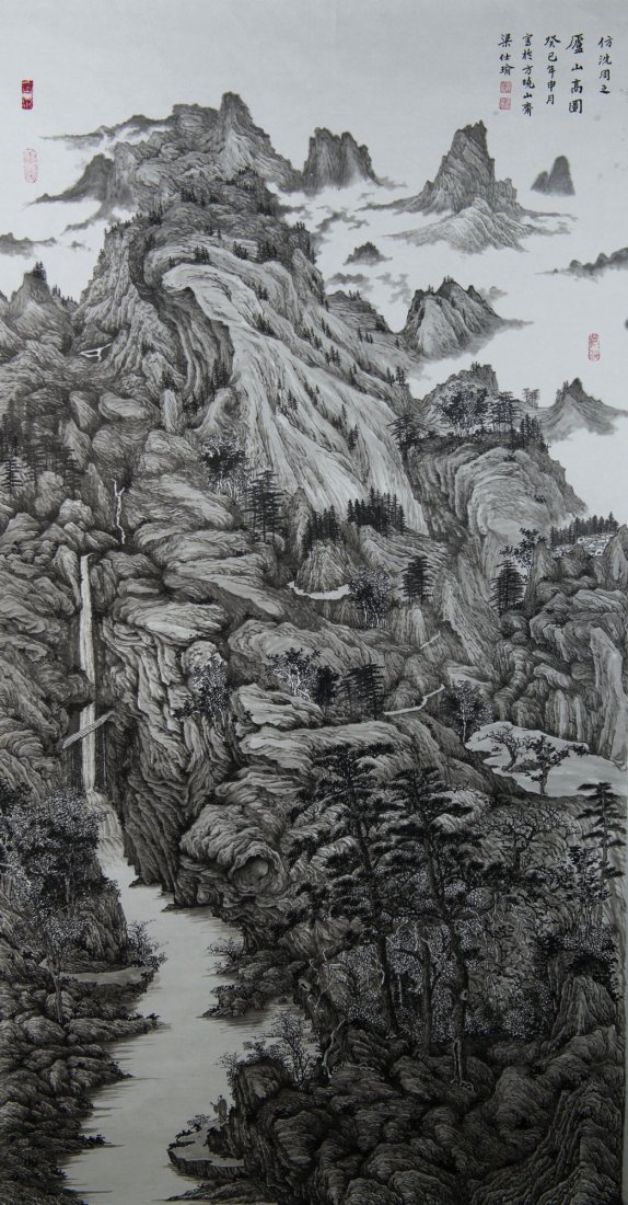 Chinese Ink Painting Liang Sze Yue (1945 - ): Chinese landscape, Chinese ink on paper, signed Liang Sze Yue with red seals. 182 cm x 97 cm.