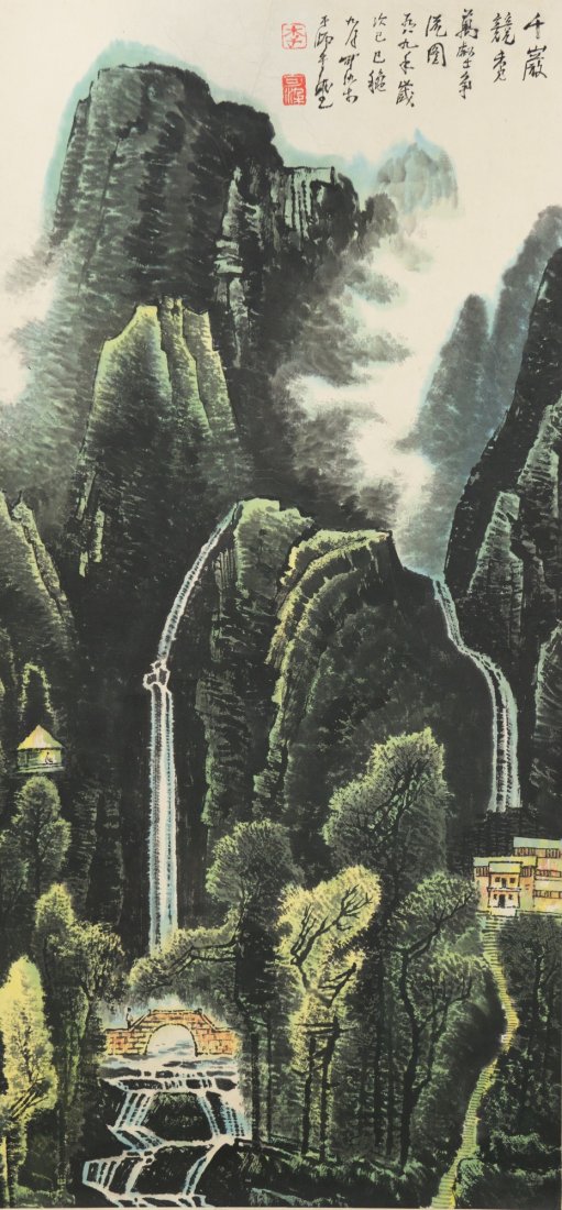 Chinese Waterfall Painting Signed Li Keran: Chinese waterfall, hanging scroll, Chinese ink and watercolour on paper, signed and sealed Li Keran. 100 cm x 48 cm. Property of an Ottawa Estate