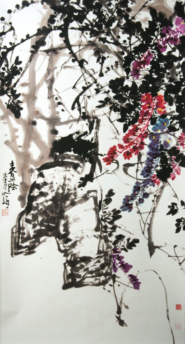Chinese Landscape Painting Lui Zhou (1944 - ): Blossoms on tree, hanging scroll, Chinese ink and watercolour on paper, signed Lui Zhou with red seals. 180 cm x 95 cm.