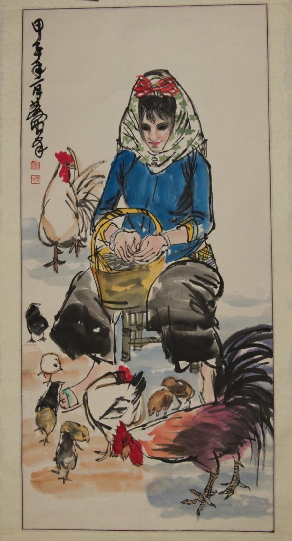 Painting of Farm Lady Signed & Sealed Wang Wei: Farm lady feeding chickens, Chinese ink and watercolour on paper, signed Wang Wei and sealed. 48 cm x 95 cm.