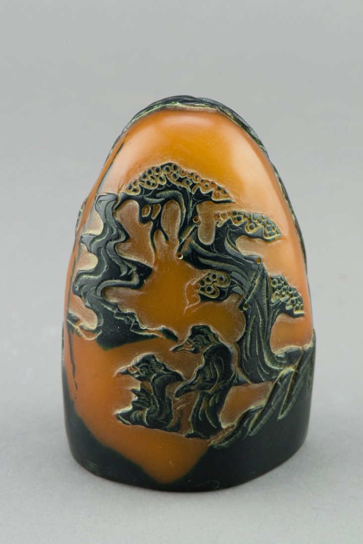 Chinese Shoushan Stone Boulder Carved Landscape: Chinese shoushan stone pebble boulder, of rich honey tone with crow skin, carved continuous scenes of sages and landscape. H: 11 cm, W: 8 cm, 753 grams.