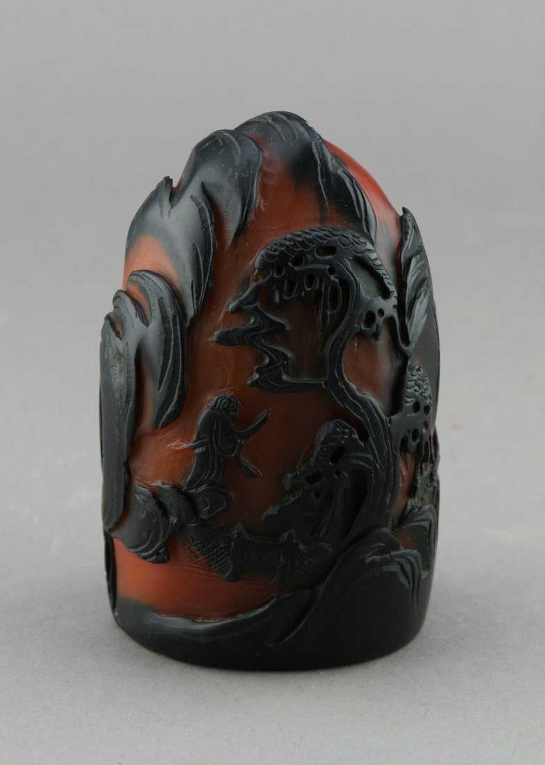 Chinese Shoushan Stone Boulder Carved Landscape: Chinese shoushan stone pebble boulder, of rich caramel tone with crow skin, carved continuous scenes of sages and landscape. H: 12 cm, W: 8 cm, 1103 grams.